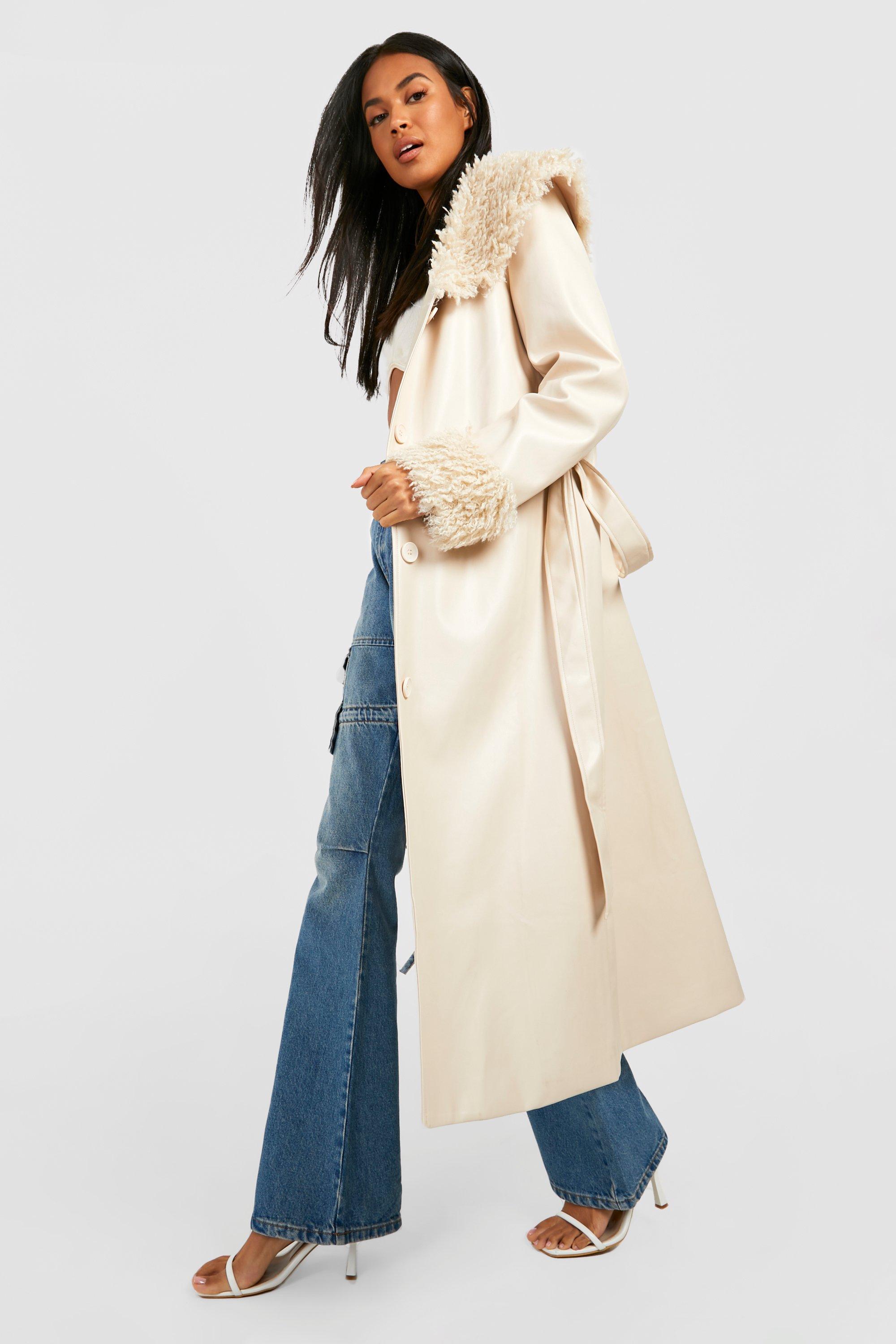 Faux Fur Trim Pu Belted Coat