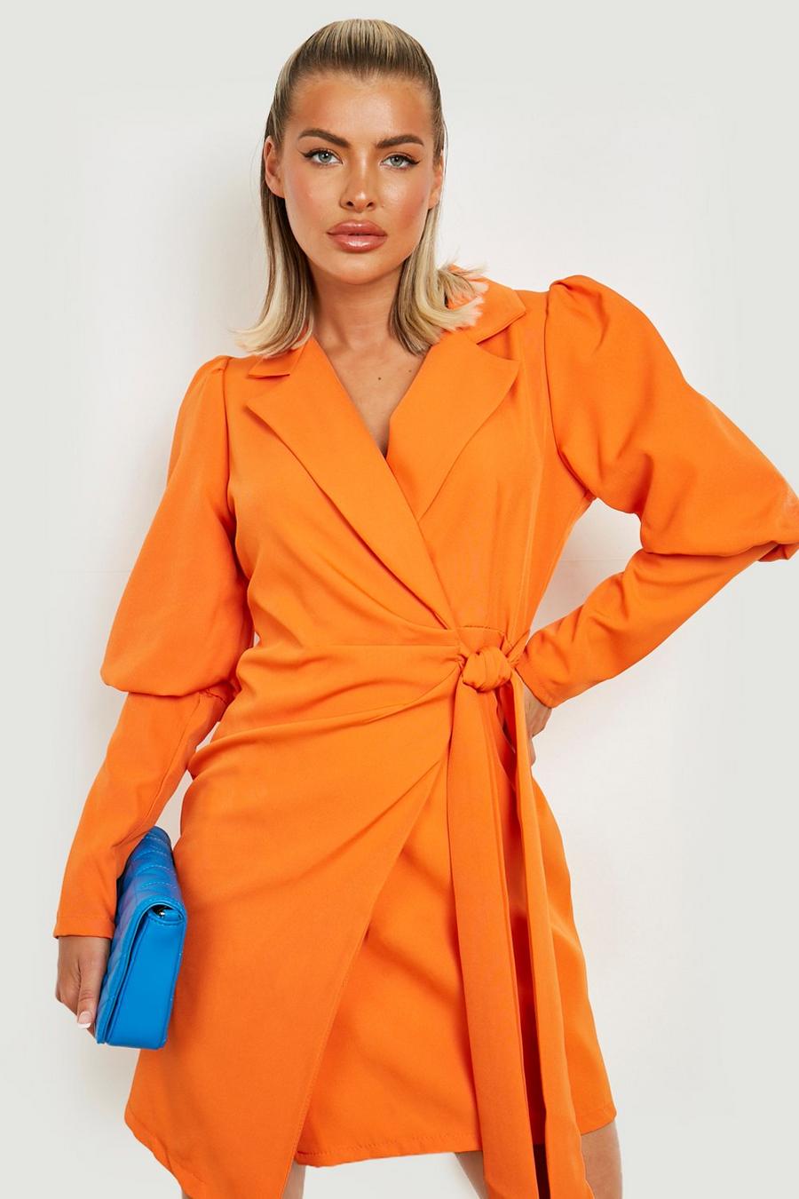 כתום naranja שמלת בלייזר עם קשירה בצד ושרוולים בעלי נפח image number 1
