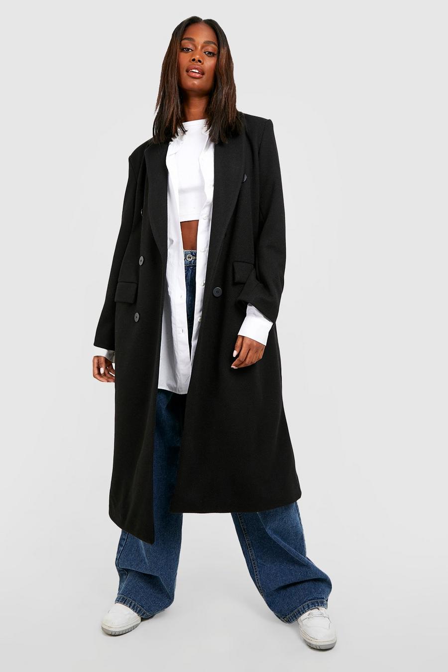 Black Premium Oversized Bright Double Breasted Wool Look Coat image number 1