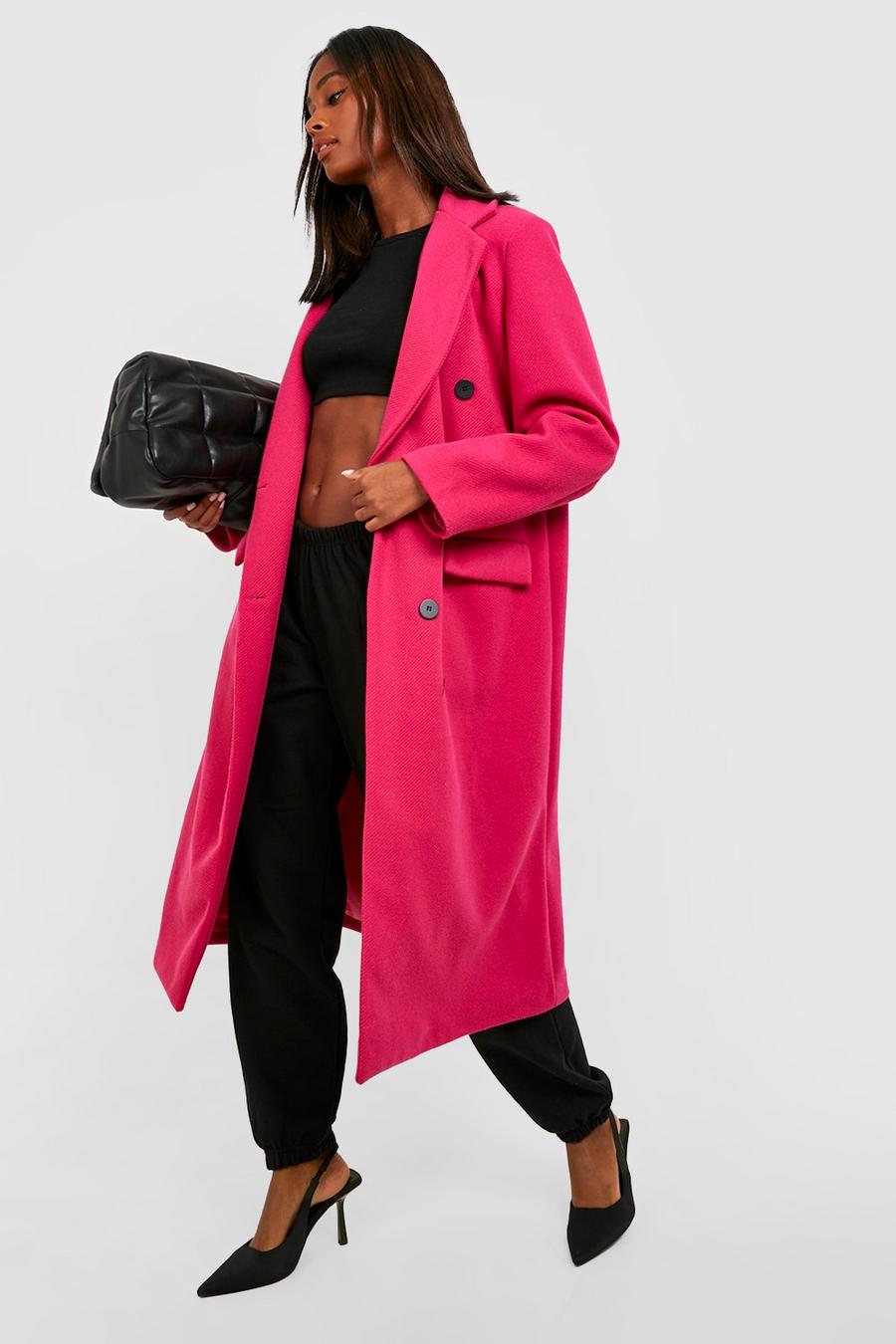 Hot pink Premium Oversized Bright Double Breasted Wool Look Coat image number 1