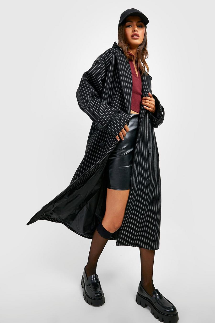 Black negro Pinstripe Wool Look Trench Coat image number 1
