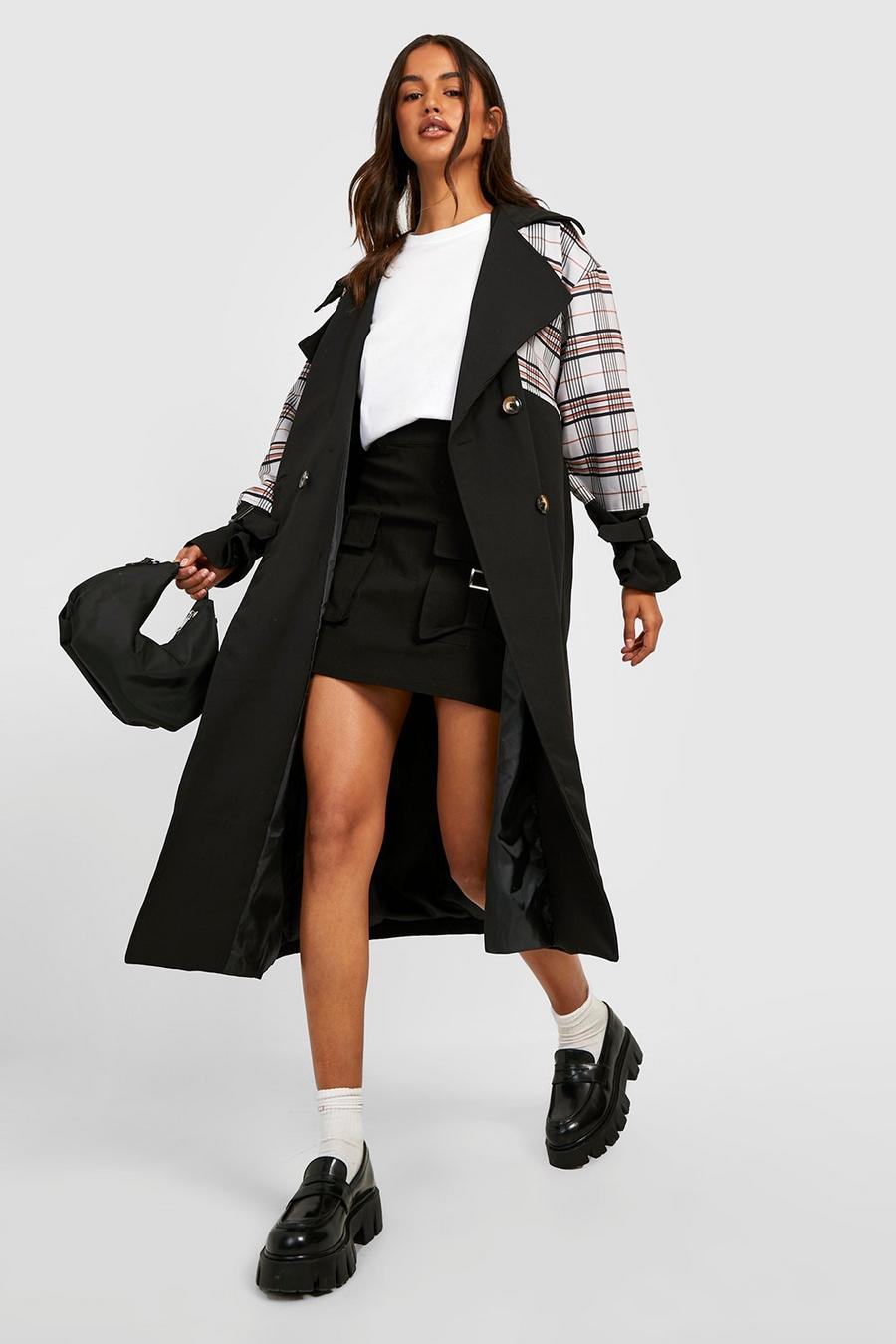 Black Check Panelled Belted Trench  image number 1