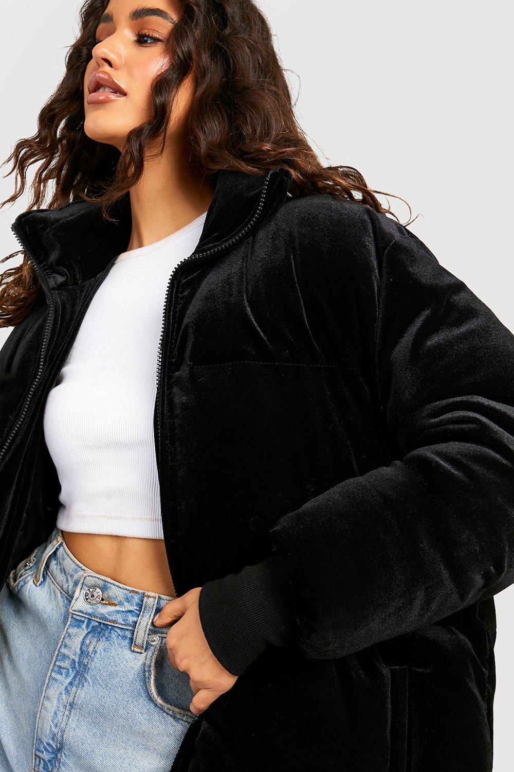 Velvet puffer jacket on sale black