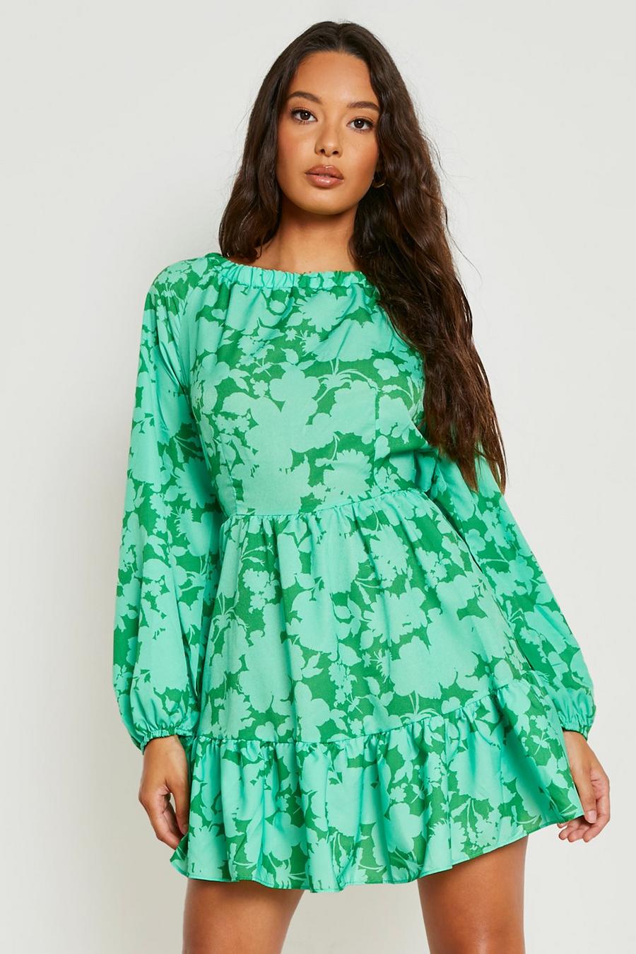 Green Satin Floral Ruffle Skater Dress