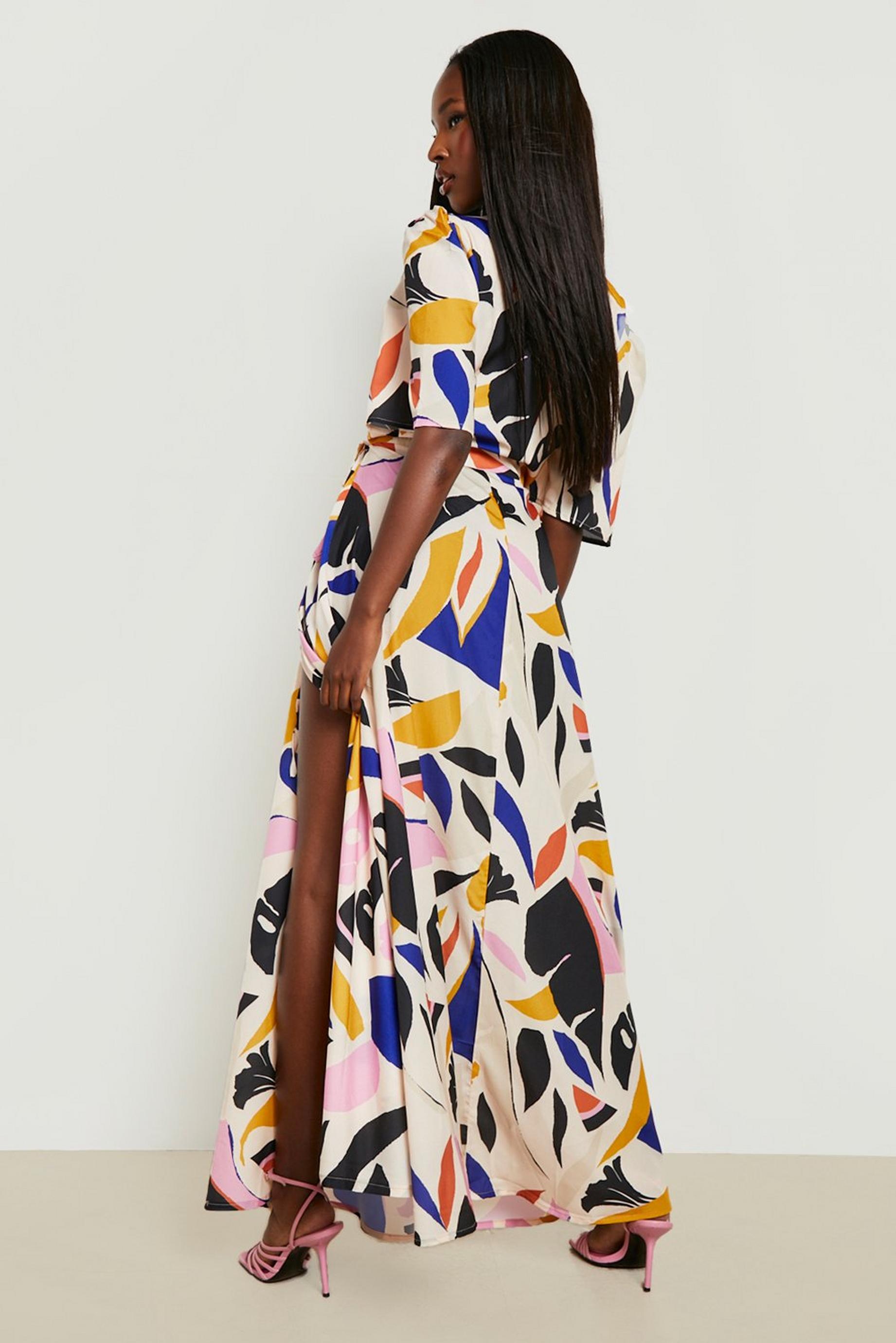 Satin Abstract Printed Wrap Maxi Dress 