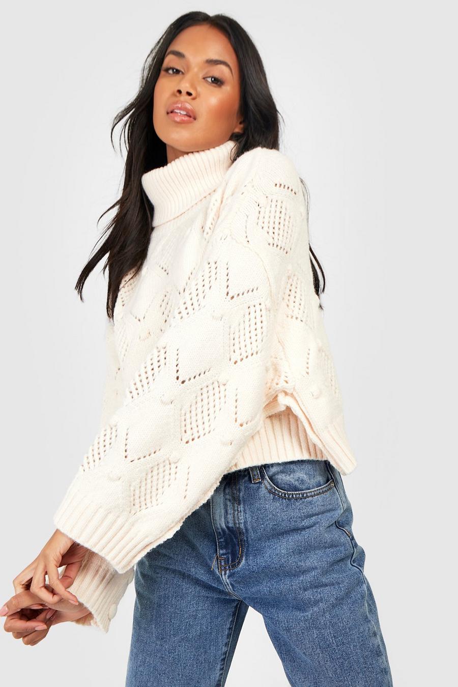 Cream Turtleneck Bobble Knitted Sweater image number 1