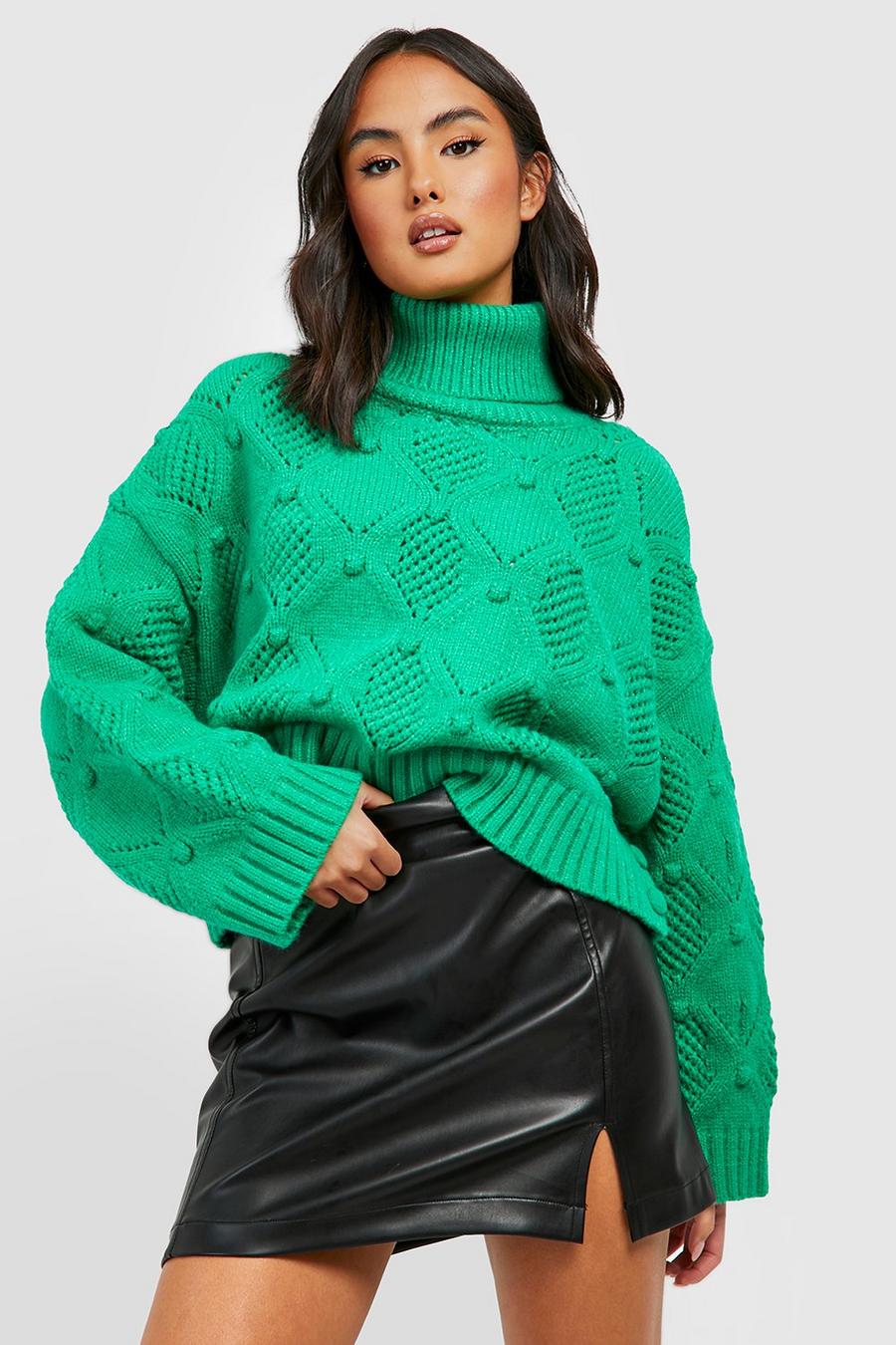 Green Roll Neck Bobble Knitted Jumper image number 1