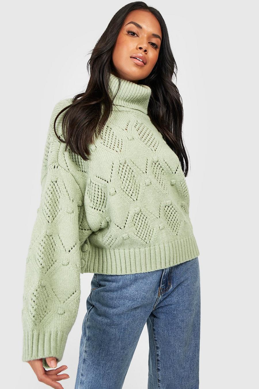 Khaki Turtleneck Bobble Knitted Sweater
