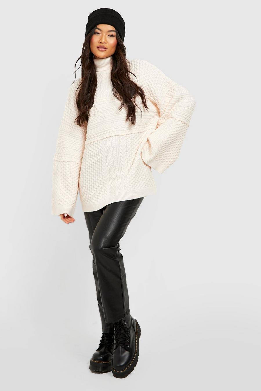 Cream white Patchwork Cable Turtleneck Sweater