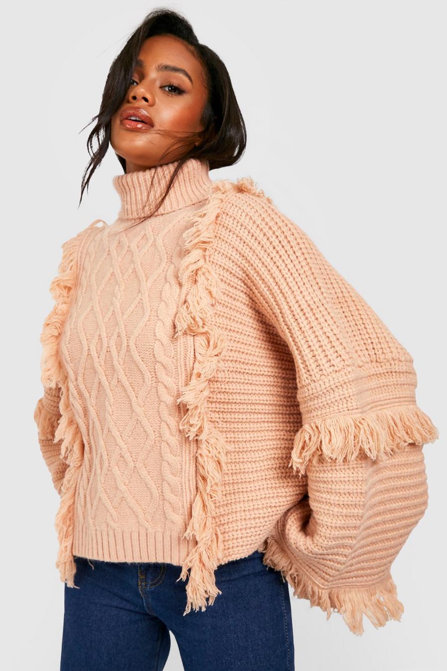 Stone beige Chunky Cable Tassel Turtleneck Sweater image number 1