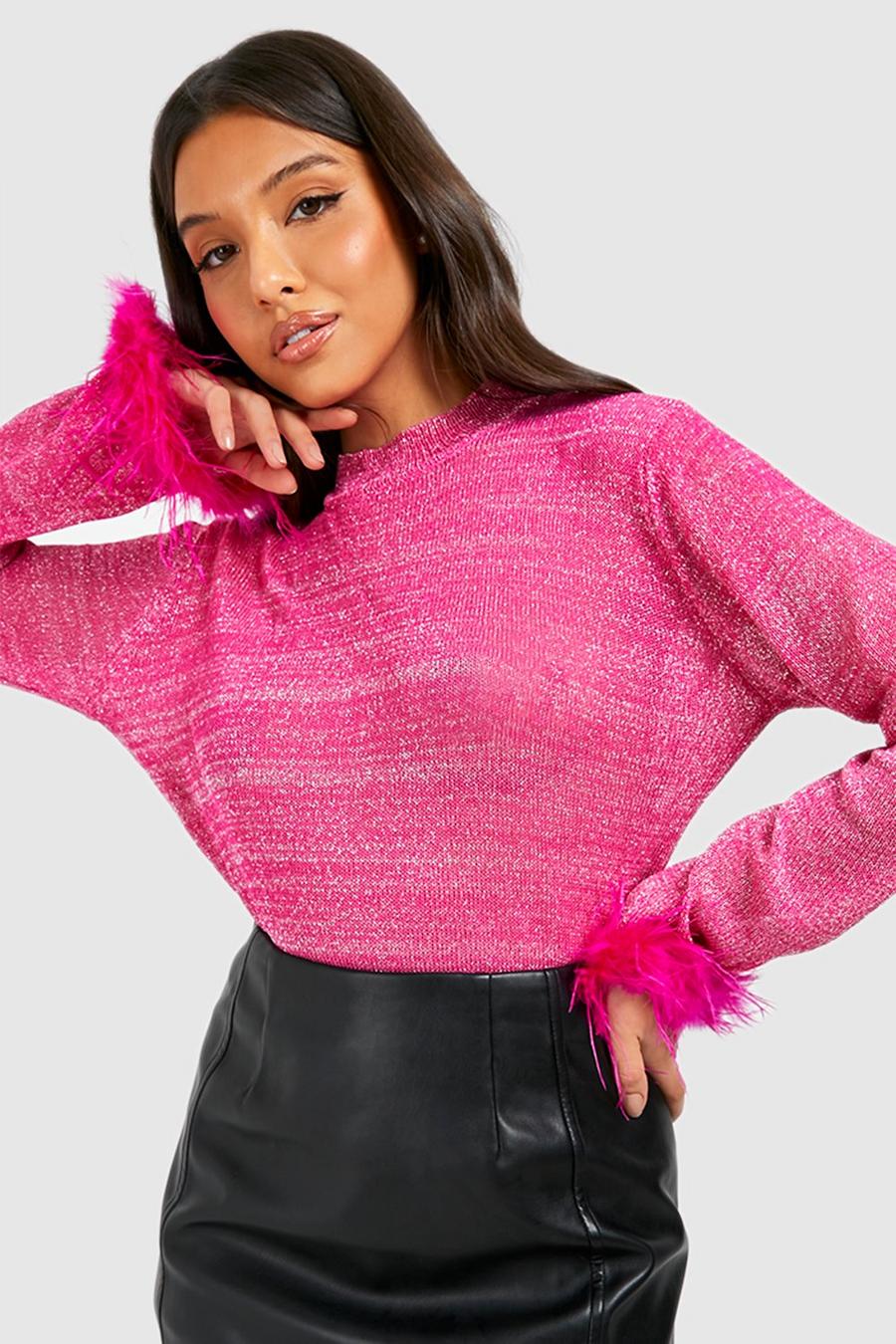 Pink Sheer Glitter Yarn Sweater With Feather Cuff