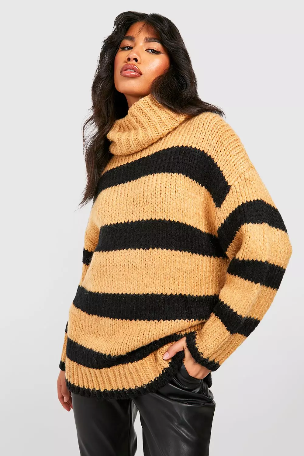 Camel Chunky Stripe Oversized Jumper alternative image