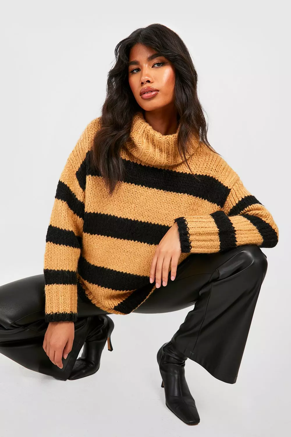 Camel Chunky Stripe Oversized Jumper alternative image