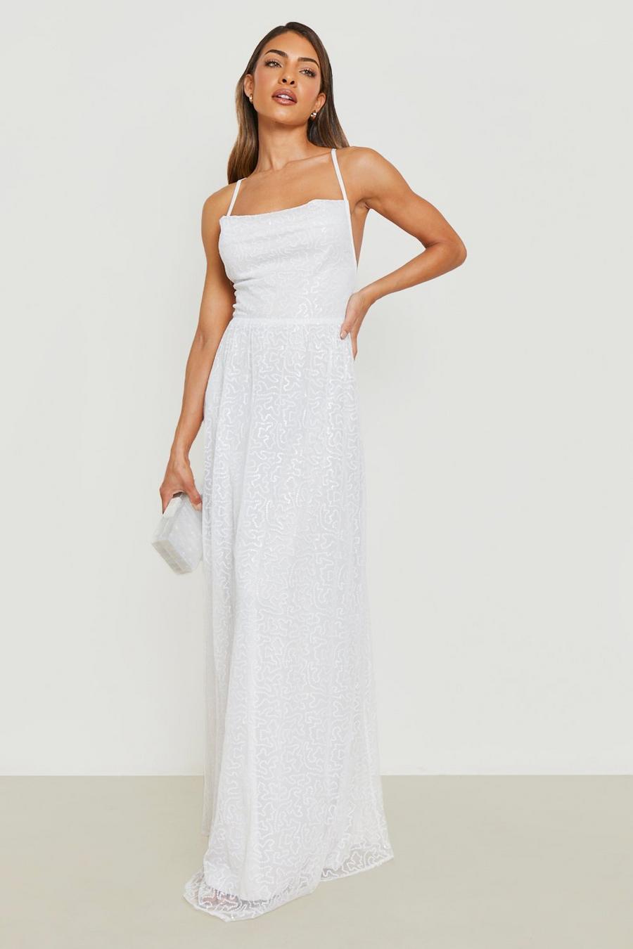 Ivory white Sequin Cowl Strappy Maxi Dress