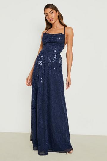 Sequin Cowl Strappy Maxi Dress navy