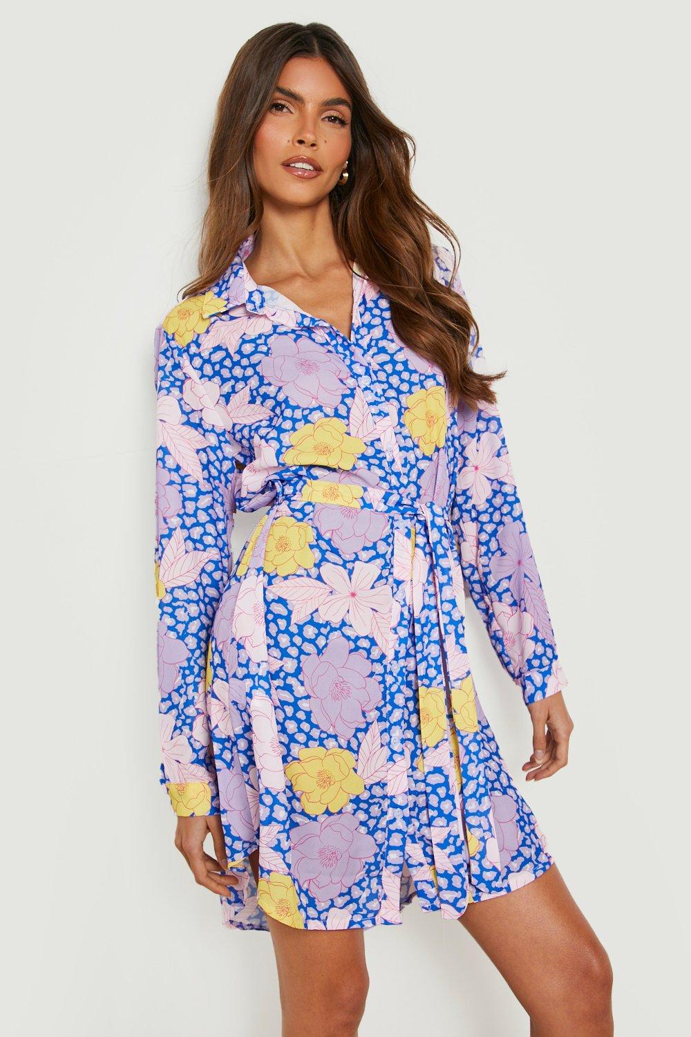 Blue floral shirt dress best sale