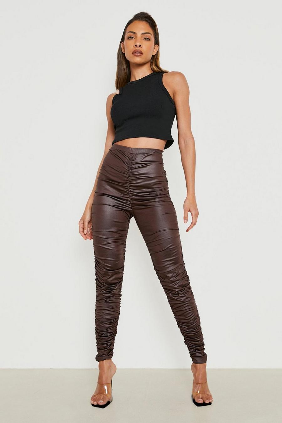 Chocolate brown Leather Look Ruched Leggings