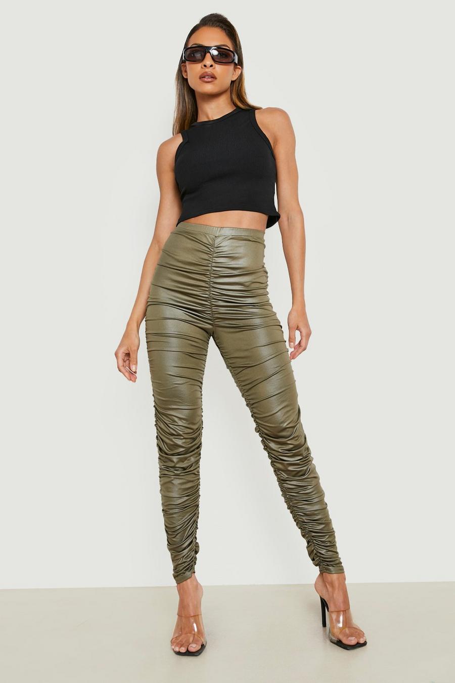 Khaki Leather Look Ruched Leggings image number 1