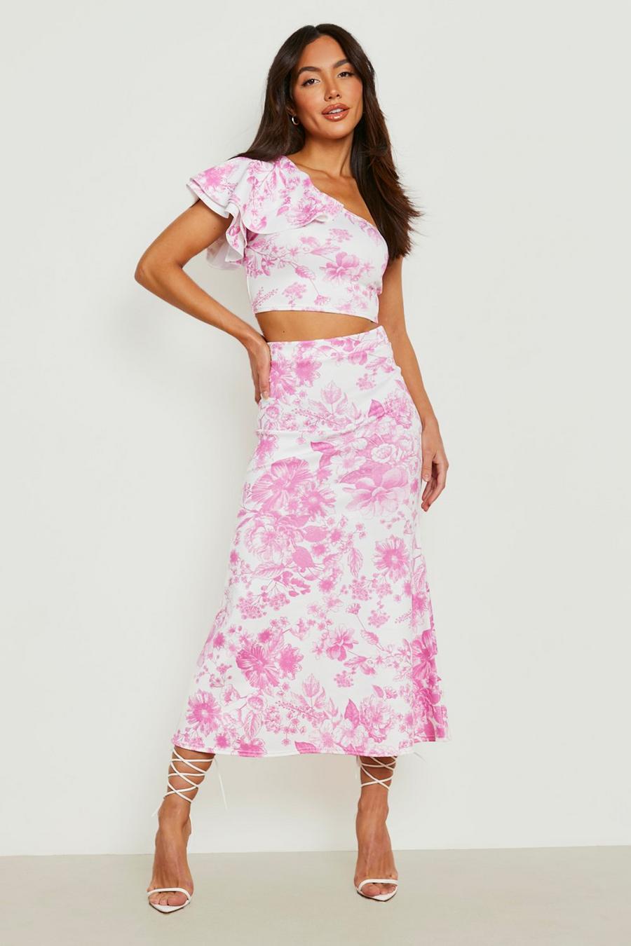 Pink Floral Ruffle Shoulder Crop & Midi Skirt image number 1
