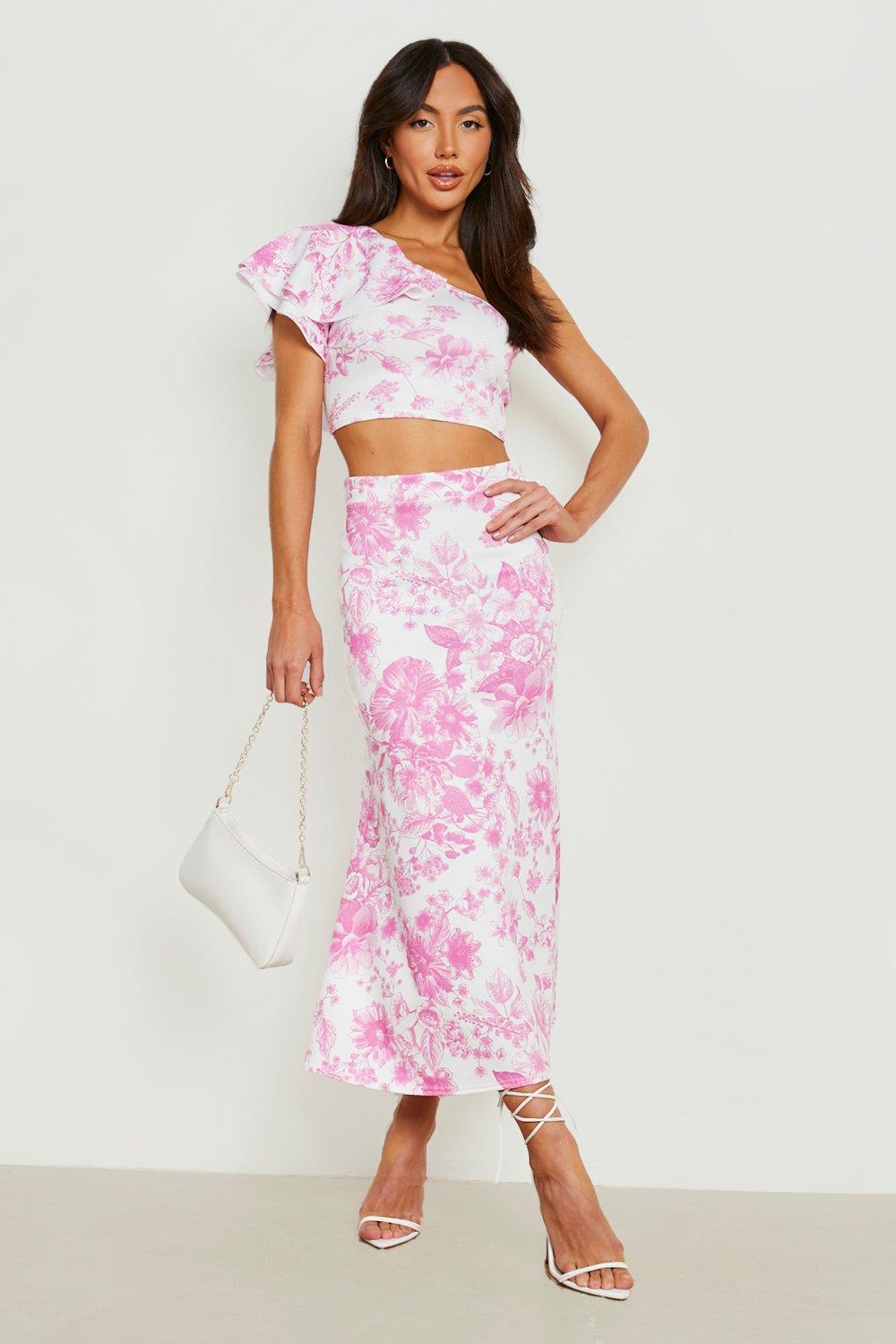 Floral Contrast Lace Trim Midi Skirt