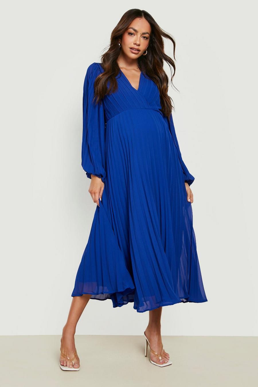 Maternité - Robe de grossesse portefeuille plissée, Cobalt blau
