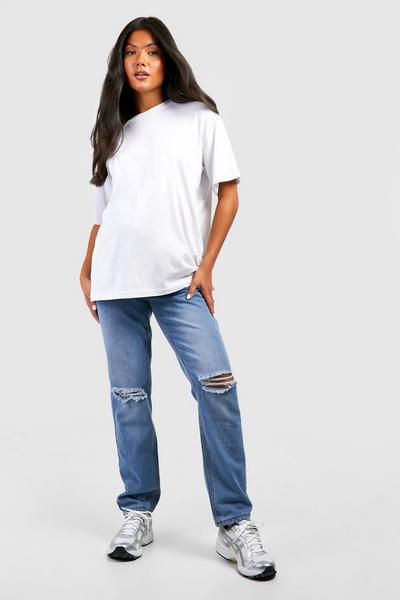 boohoo mid wash Maternity Over Bump Ripped Straight Jeans