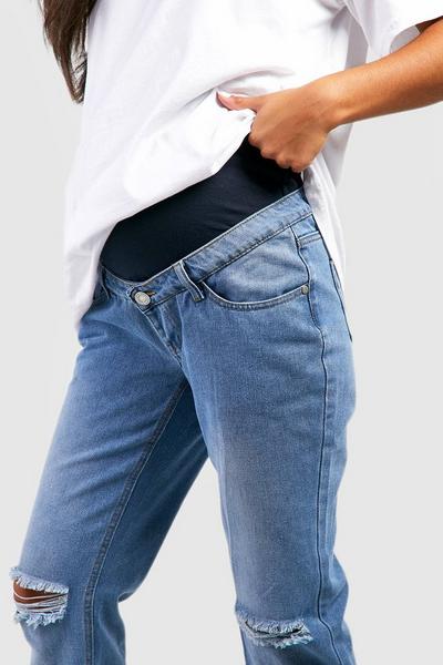 boohoo mid wash Maternity Over Bump Ripped Straight Jeans