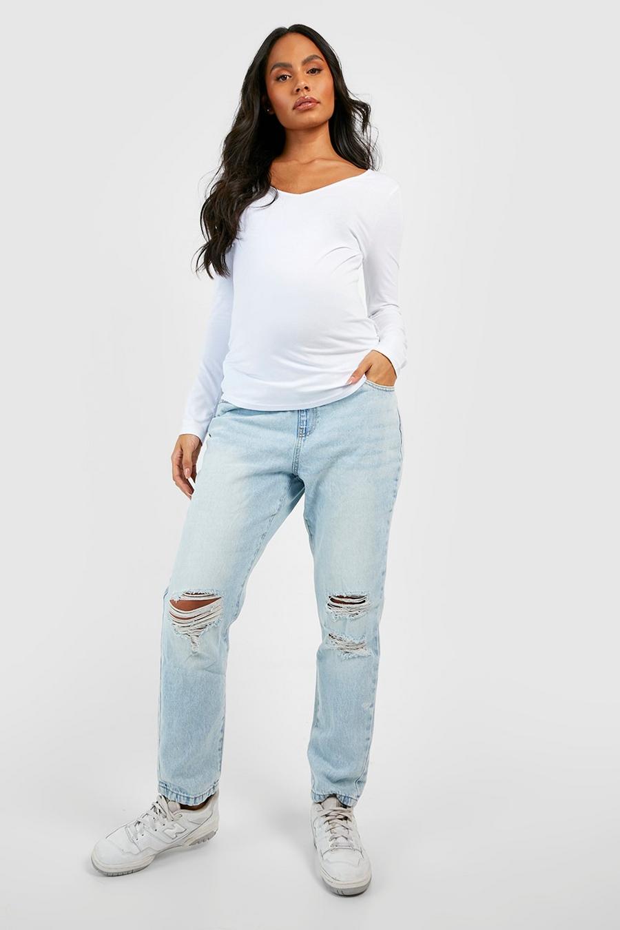Mid wash Maternity Ripped Mom Jeans image number 1