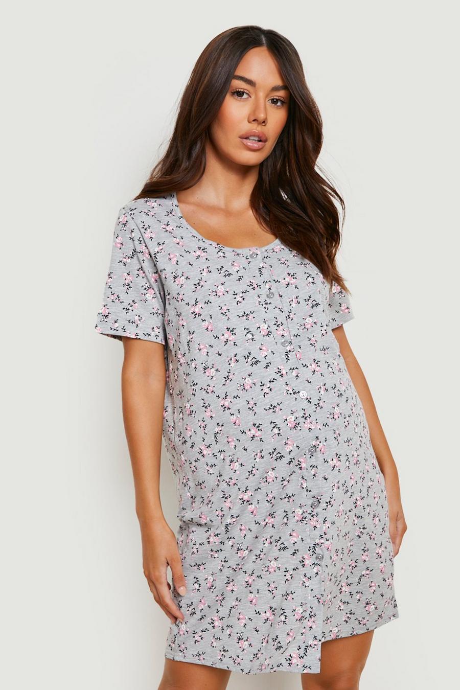 Grey marl Maternity Floral Button Front Nightie image number 1