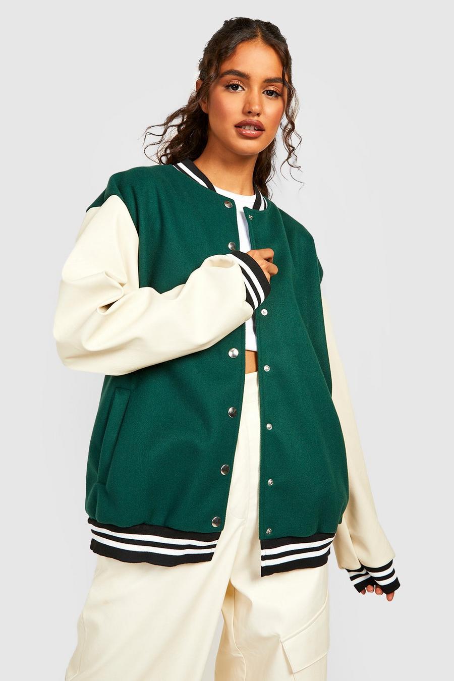 Giacca Bomber stile college con maniche in PU, Bottle green image number 1