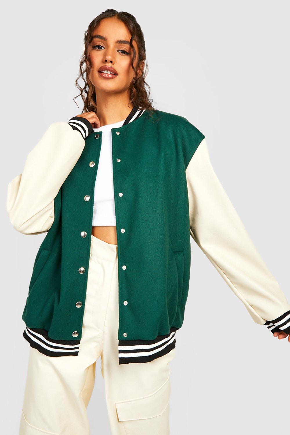 Beige crop varsity jacket with PU sleeves