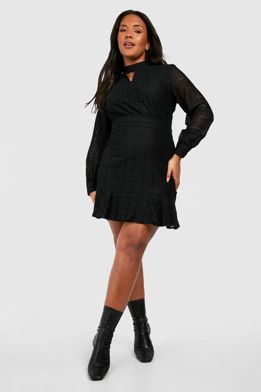 Black Plus Crochet Lace Keyhole Ruffle Skater Dress