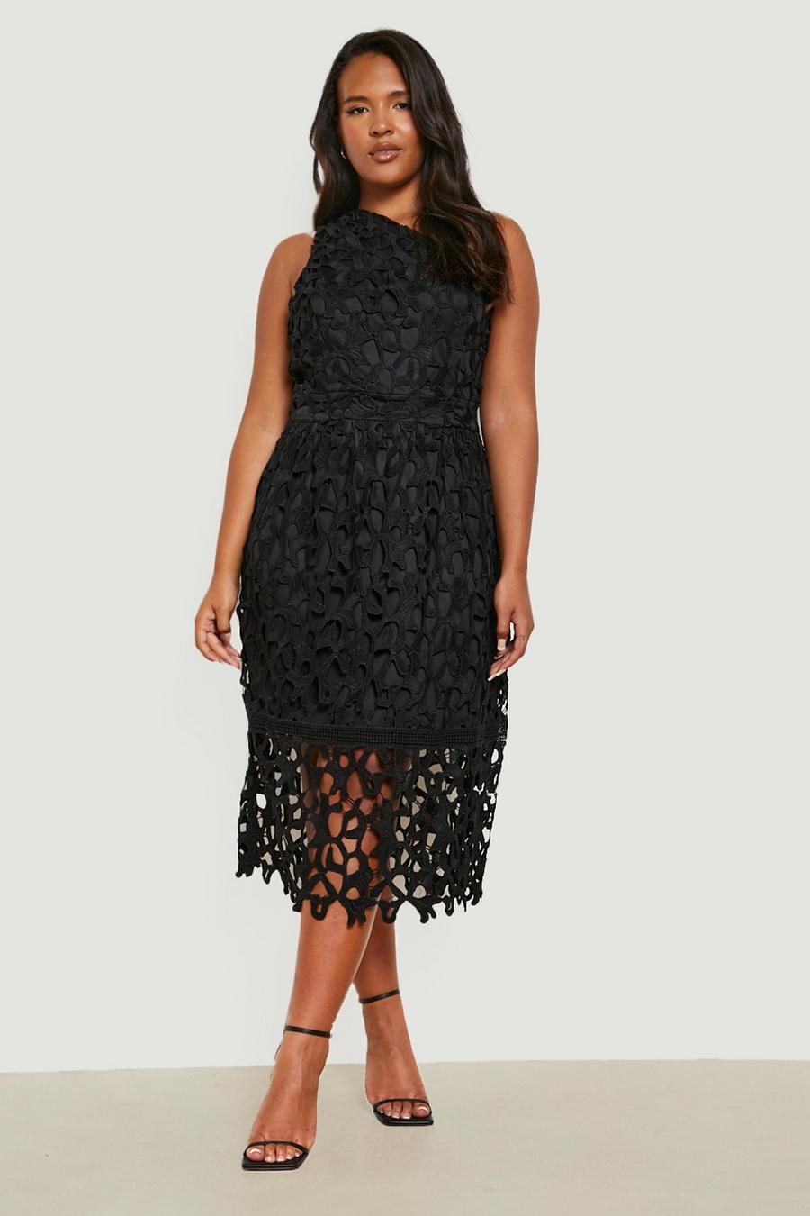 Black Plus Crochet Lace One Shoulder Midi Dress image number 1