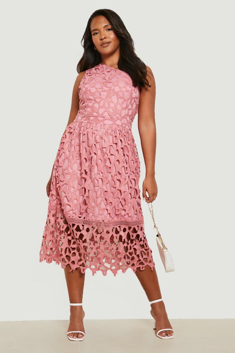 Rose rosa Plus Crochet Lace One Shoulder Midi Dress