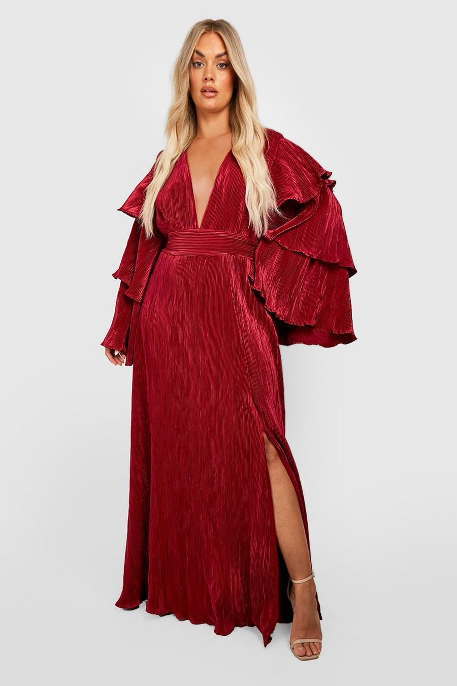 Berry red Plus Layered Ruffle Sleeve Maxi Dress