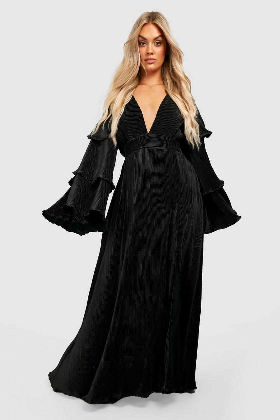 Plus Black Textured Mesh Long Sleeve Maxi Dress
