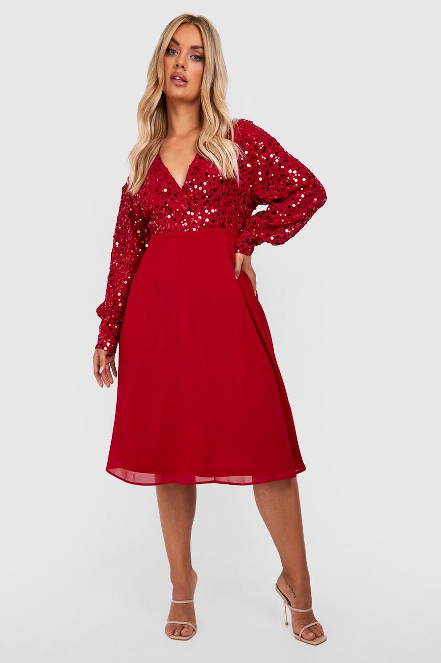 Berry red Plus Sequin Wrap Midi Skater Dress image number 1