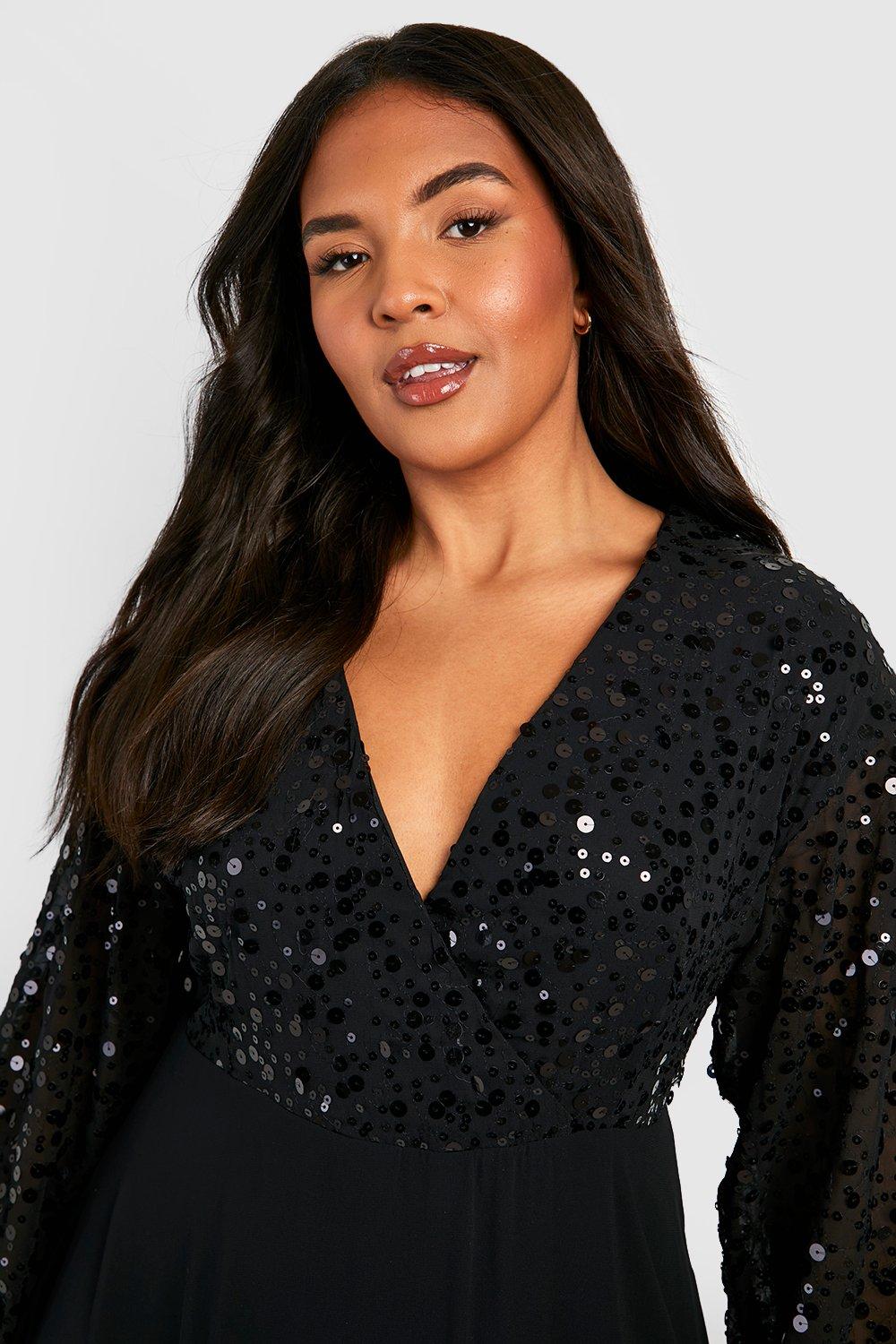 Women's Plus Sequin Wrap Midi Skater Dress