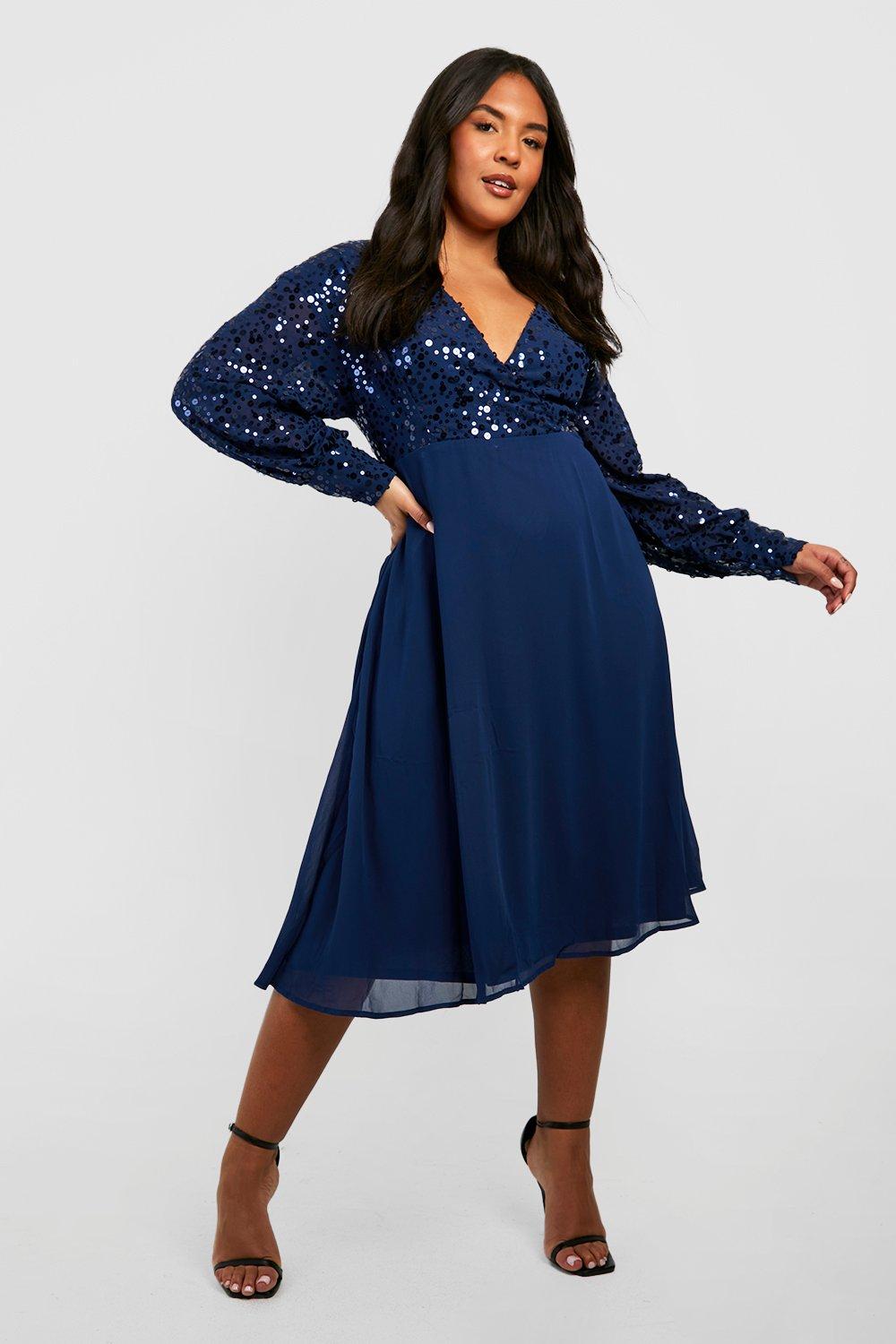 Women's Plus Sequin Wrap Skater Dress