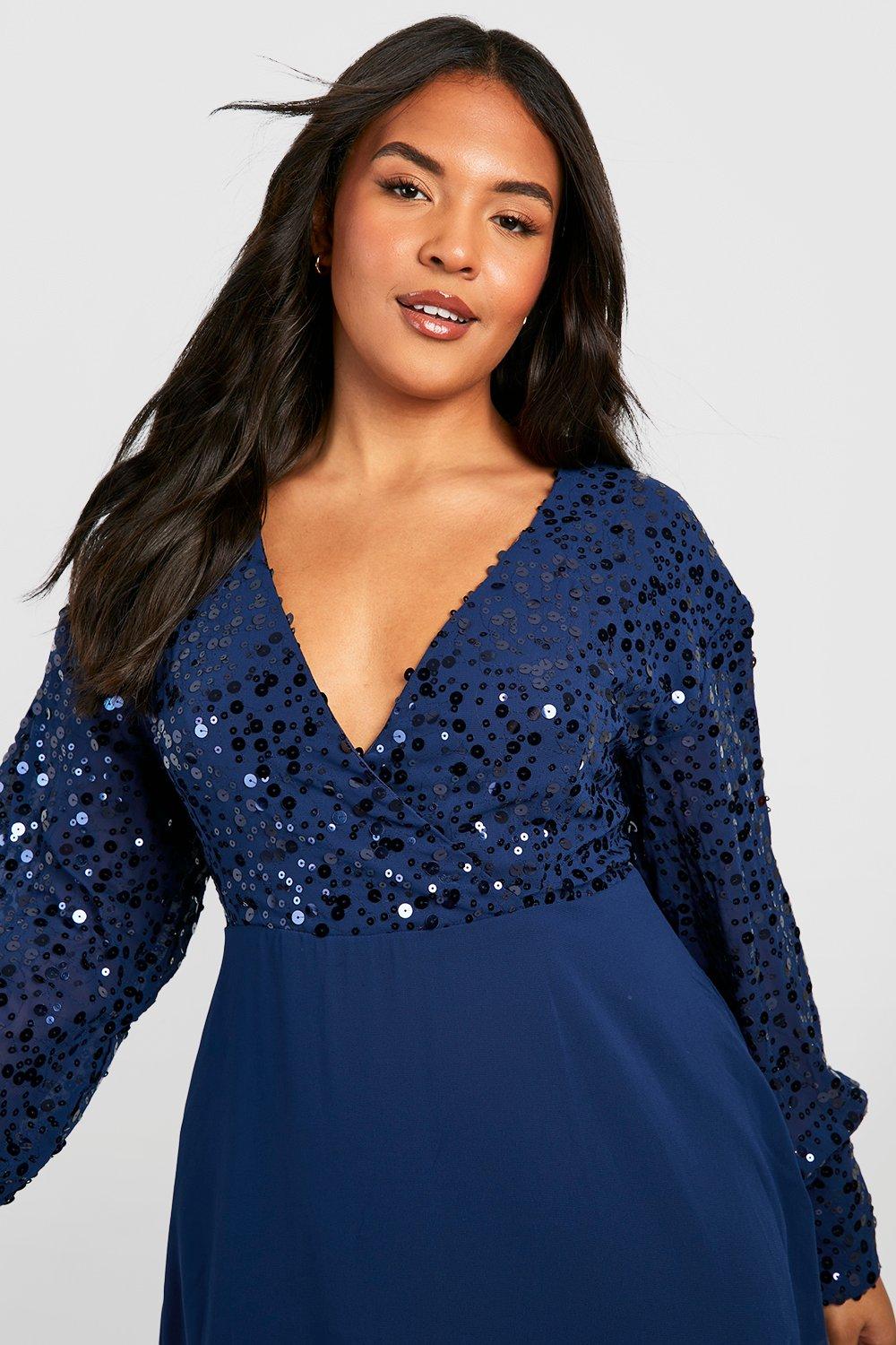 Women's Plus Sequin Wrap Skater Dress