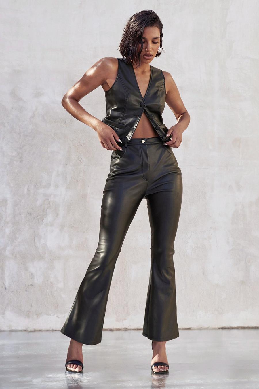 Black noir Kourtney Kardashian Barker Faux Leather Flared Trousers