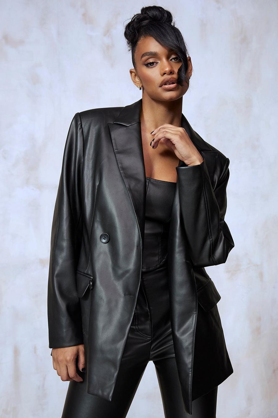Black Double Breasted Faux Leather Blazer image number 1