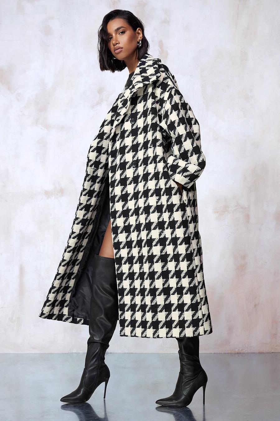 Black Dogtooth Oversized Wool Look Maxi Coat image number 1