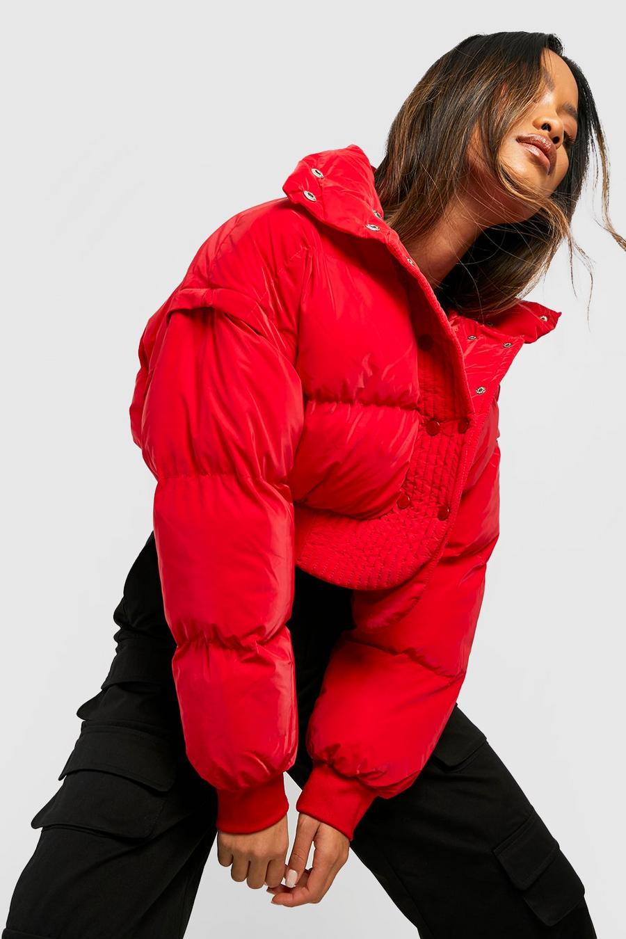 Red Detachable Sleeve Crop Puffer image number 1