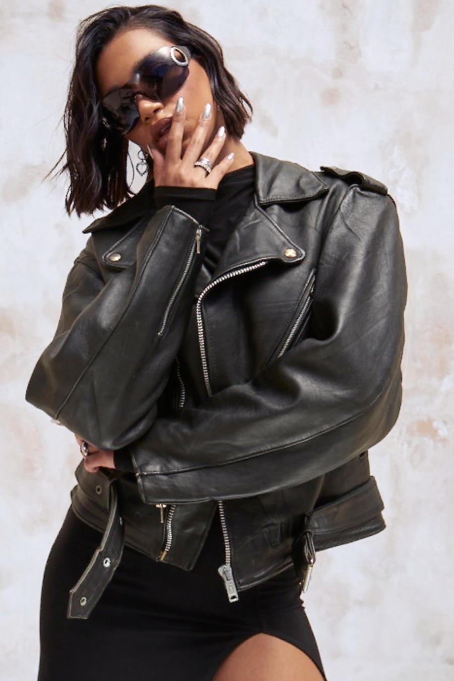 Black Kourtney Kardashian Barker Vintage Leather Biker Jacket image number 1
