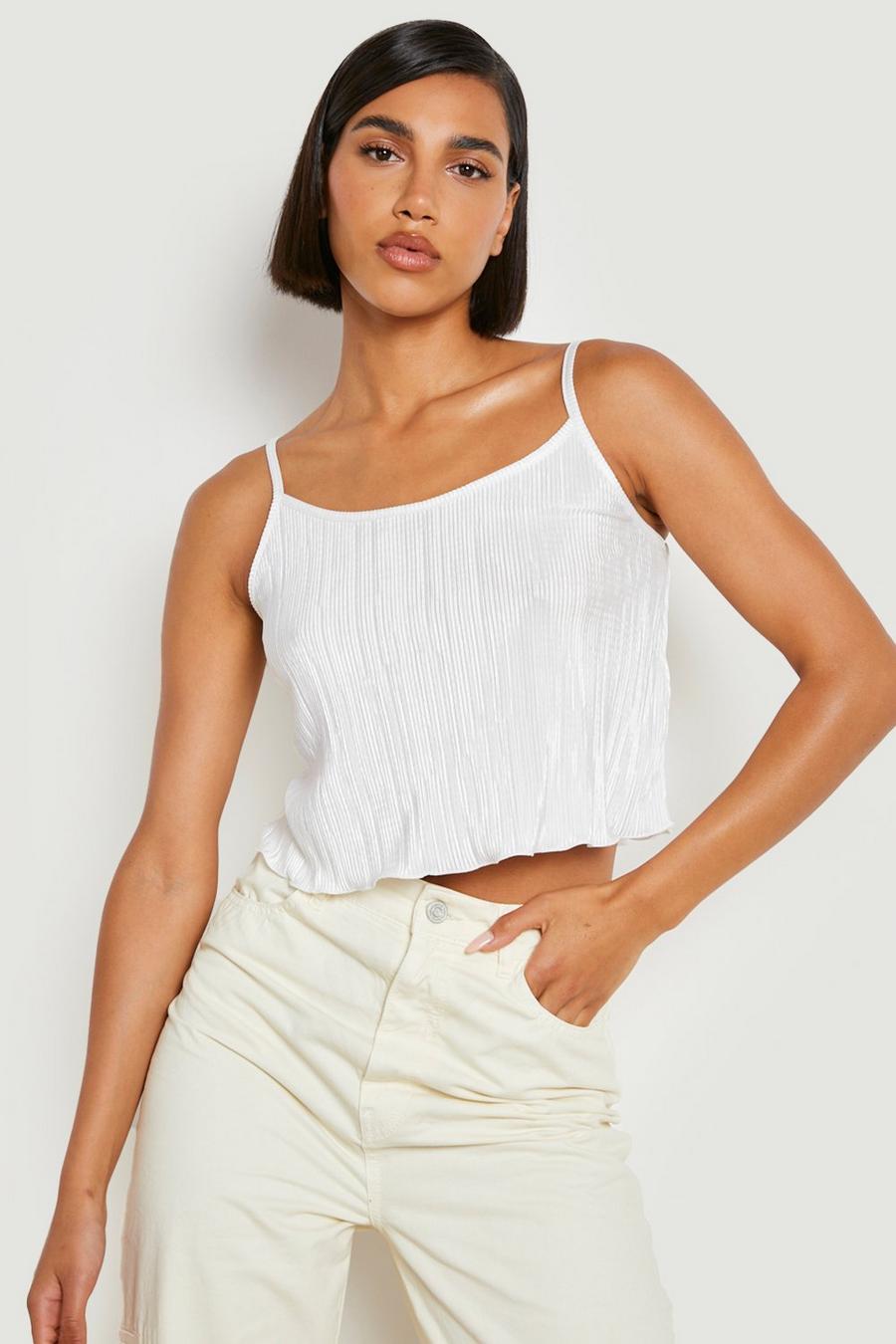 White Plisse Strappy Crop Cami image number 1