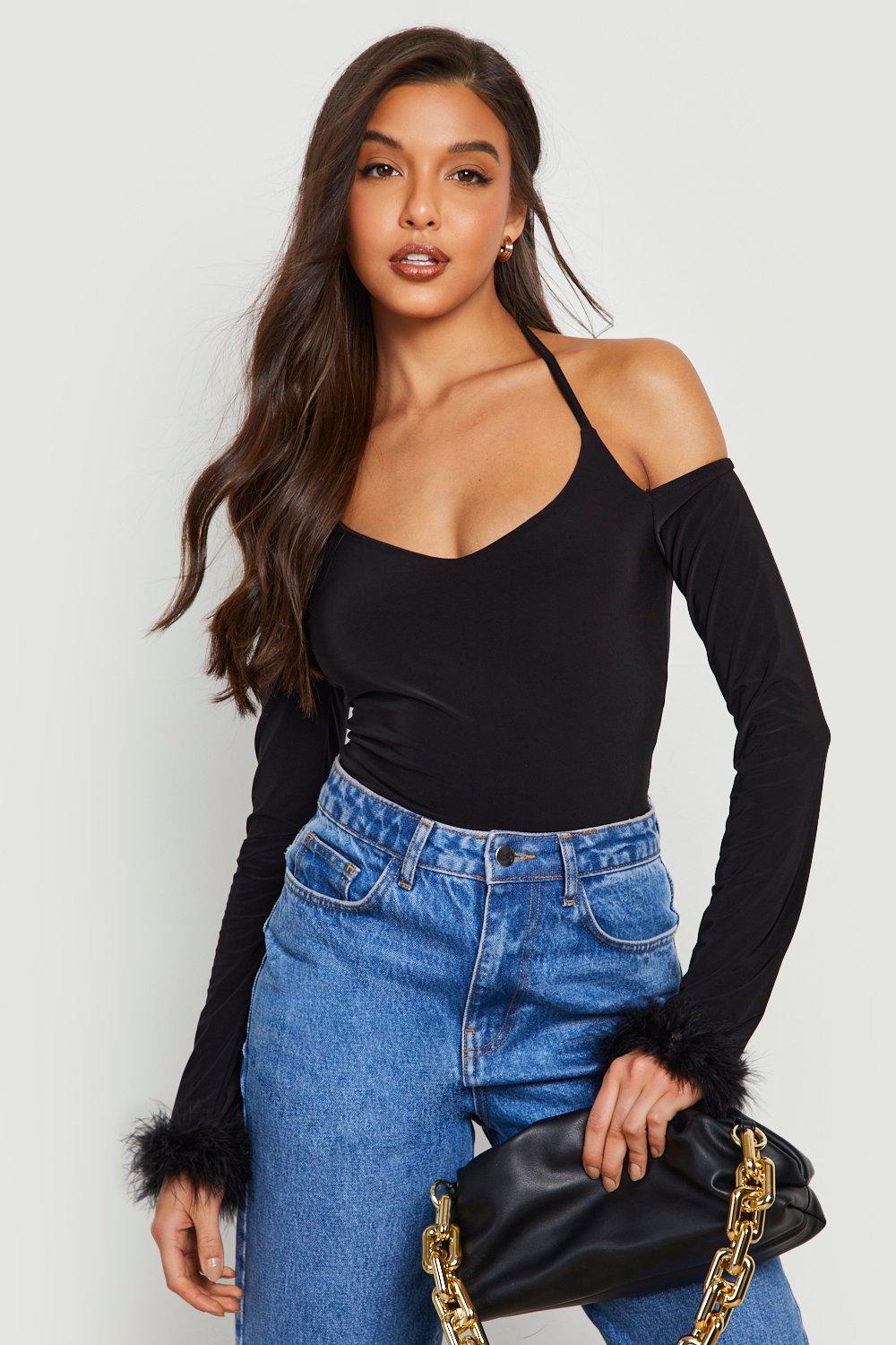 Black Bodysuit - Long Sleeve Bodysuit - Feather Bodsyuit - Lulus