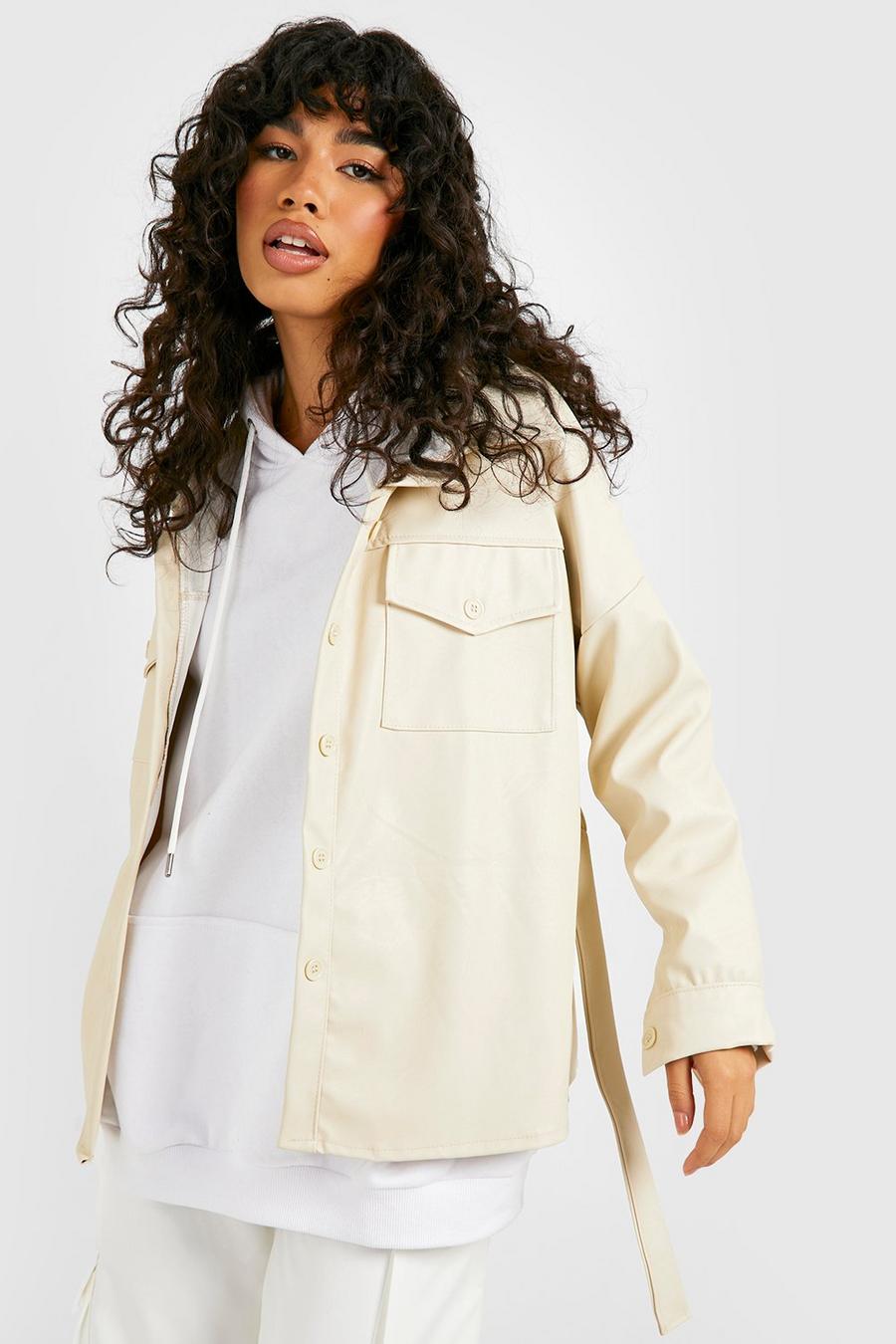 Cream white Belted Faux Leather Shacket