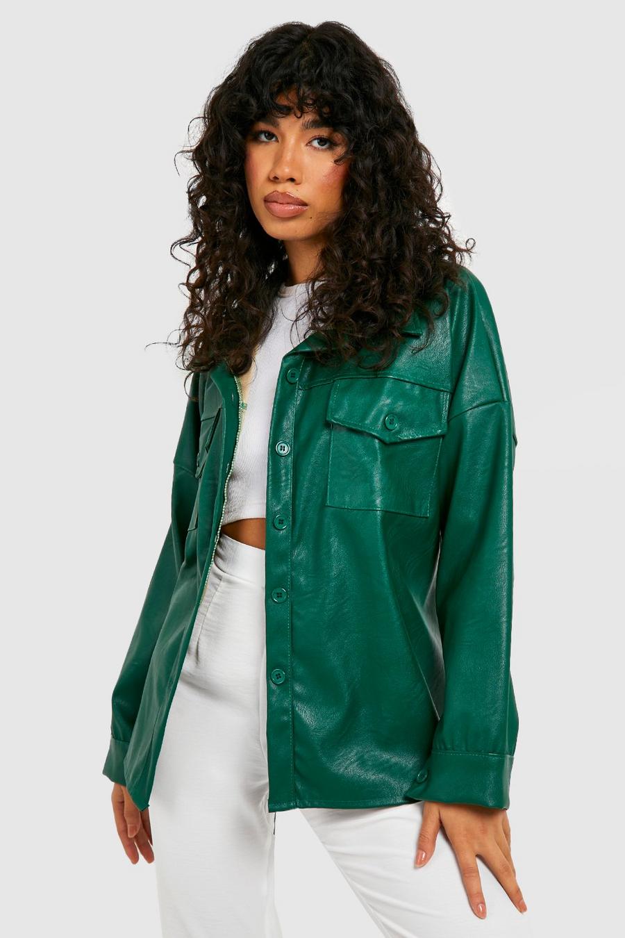 Green Belted Faux Leather Shacket image number 1