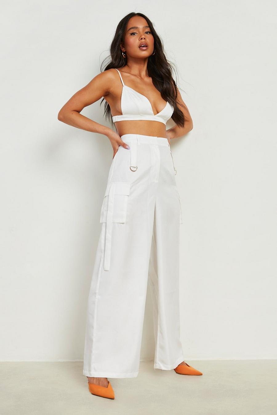 White Petite Woven Wide Leg Cargo Trouser image number 1